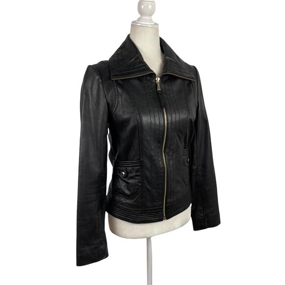 Michael Kors Missy Wing Collar Black Leather Moto Jacket Size XS $695 - Picture 8 of 16